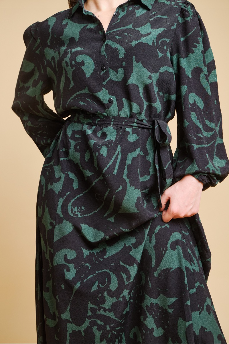 Robe longue vert bouteille motifs noir